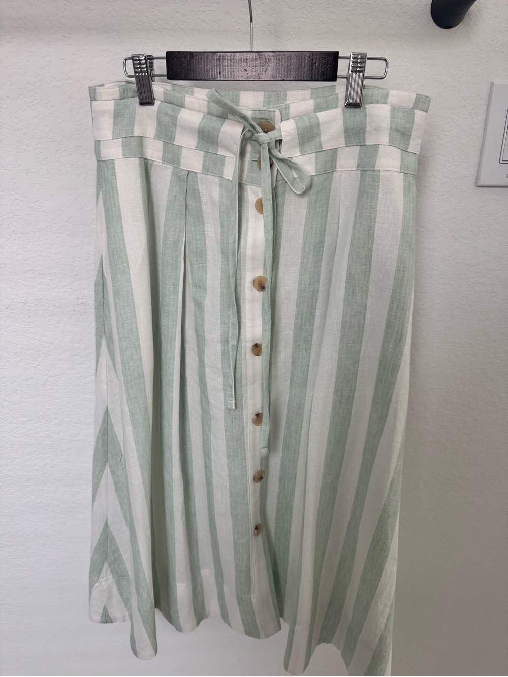 a new day Sage and White Vertical Stripe Midi Skirt with Button Front
